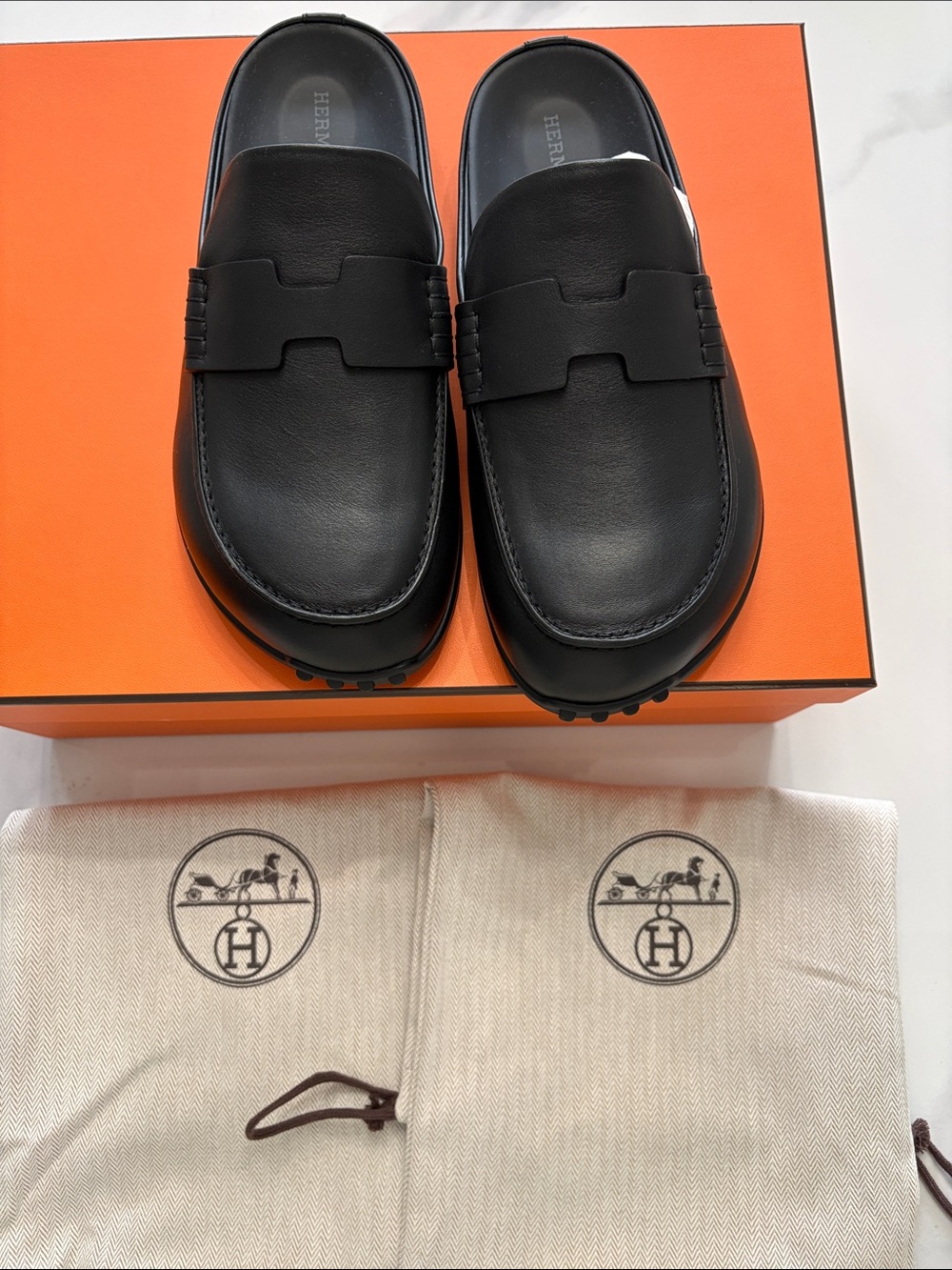 Brand new Hermes Black Leather mix mule Slip-On Loafers